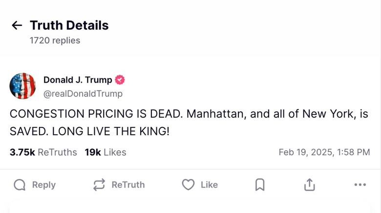 Trump TruthSocial post declaring congestion pricing dead and Trump king