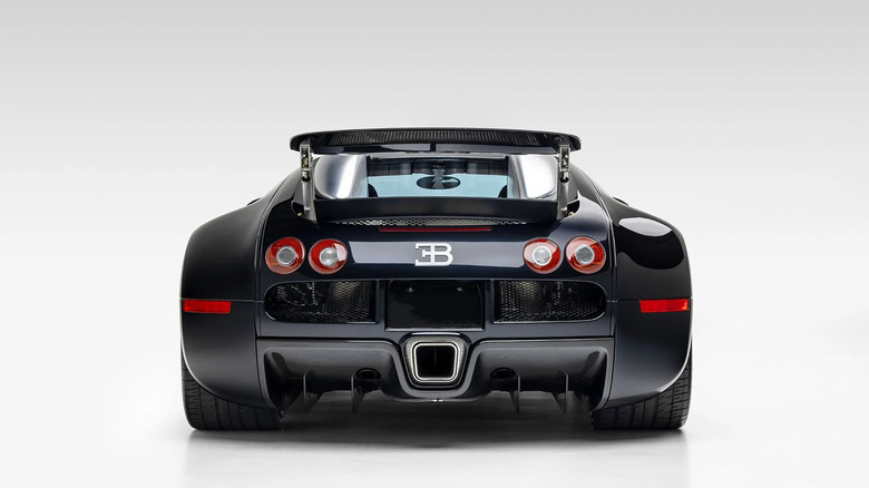 Rear view of a dark blue Bugatti Veyron