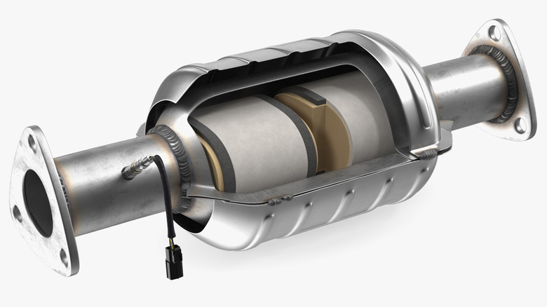 A cutaway view of a catalytic converter.