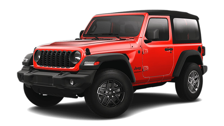 A red Jeep Wrangler Sport made in Jeep's car builder.