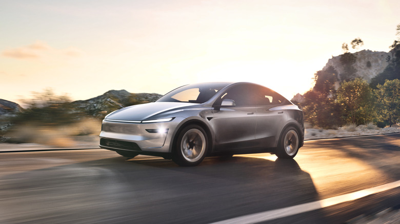 A render of a new Tesla Model Y electric SUV.