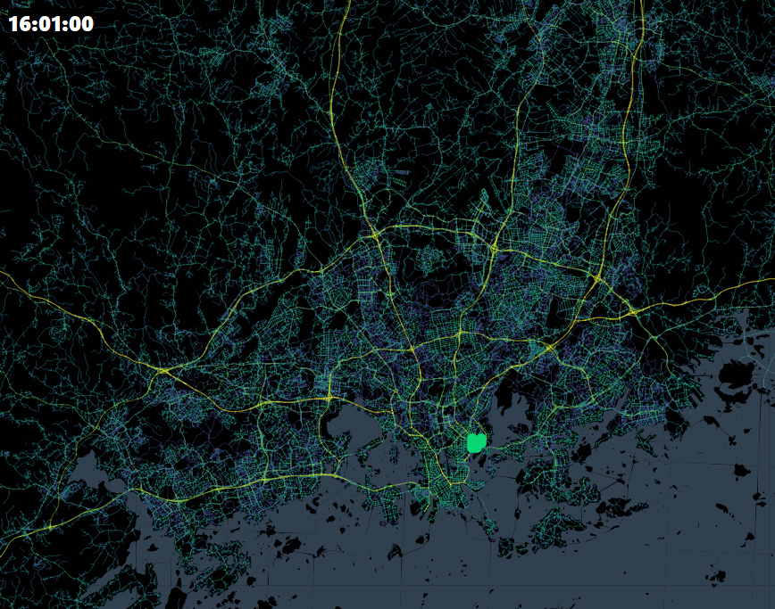 A gif showing journeys in a city made by car, bike or bus. 