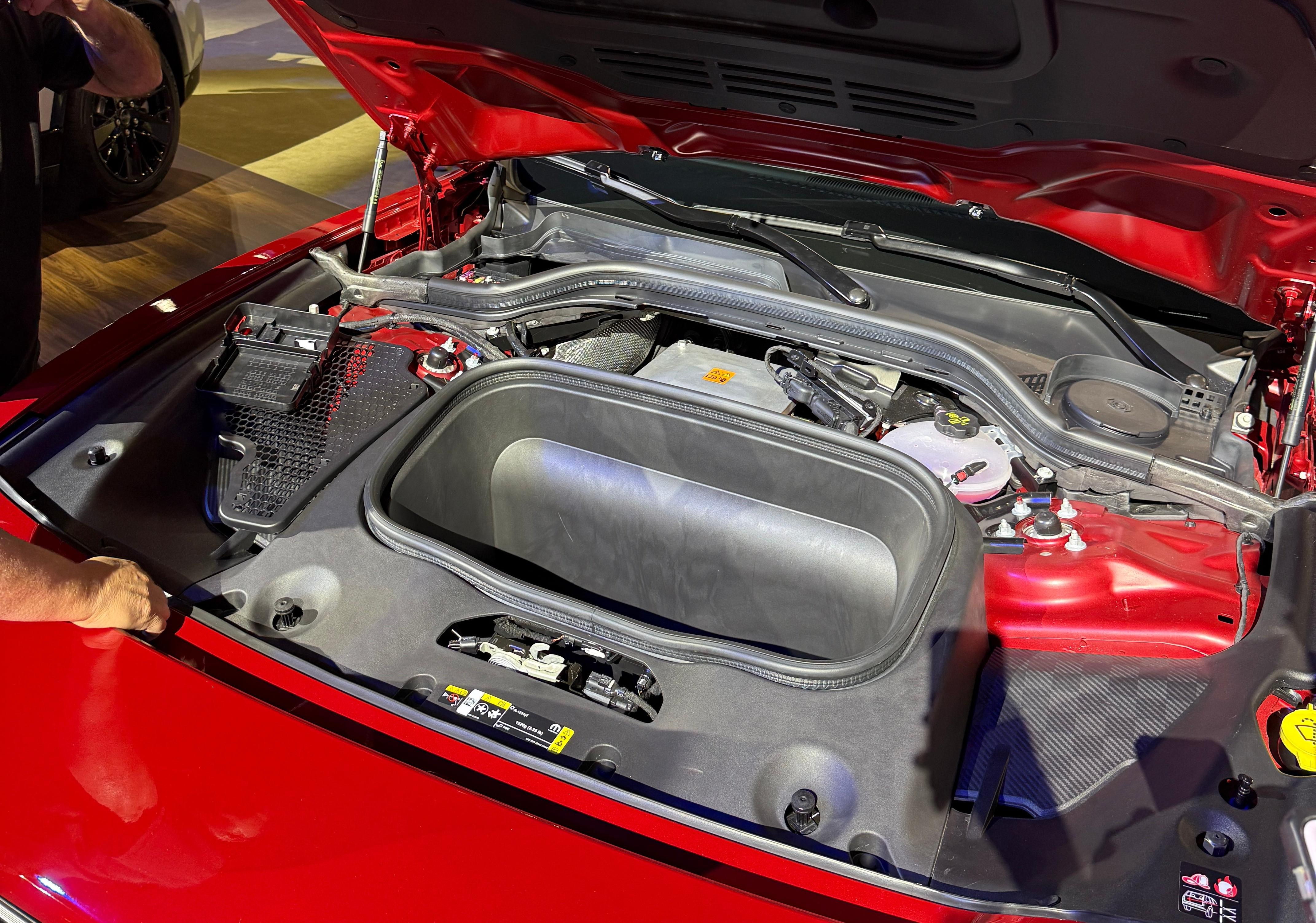 Frunk of a red 2024 Dodge Charger Daytona EV