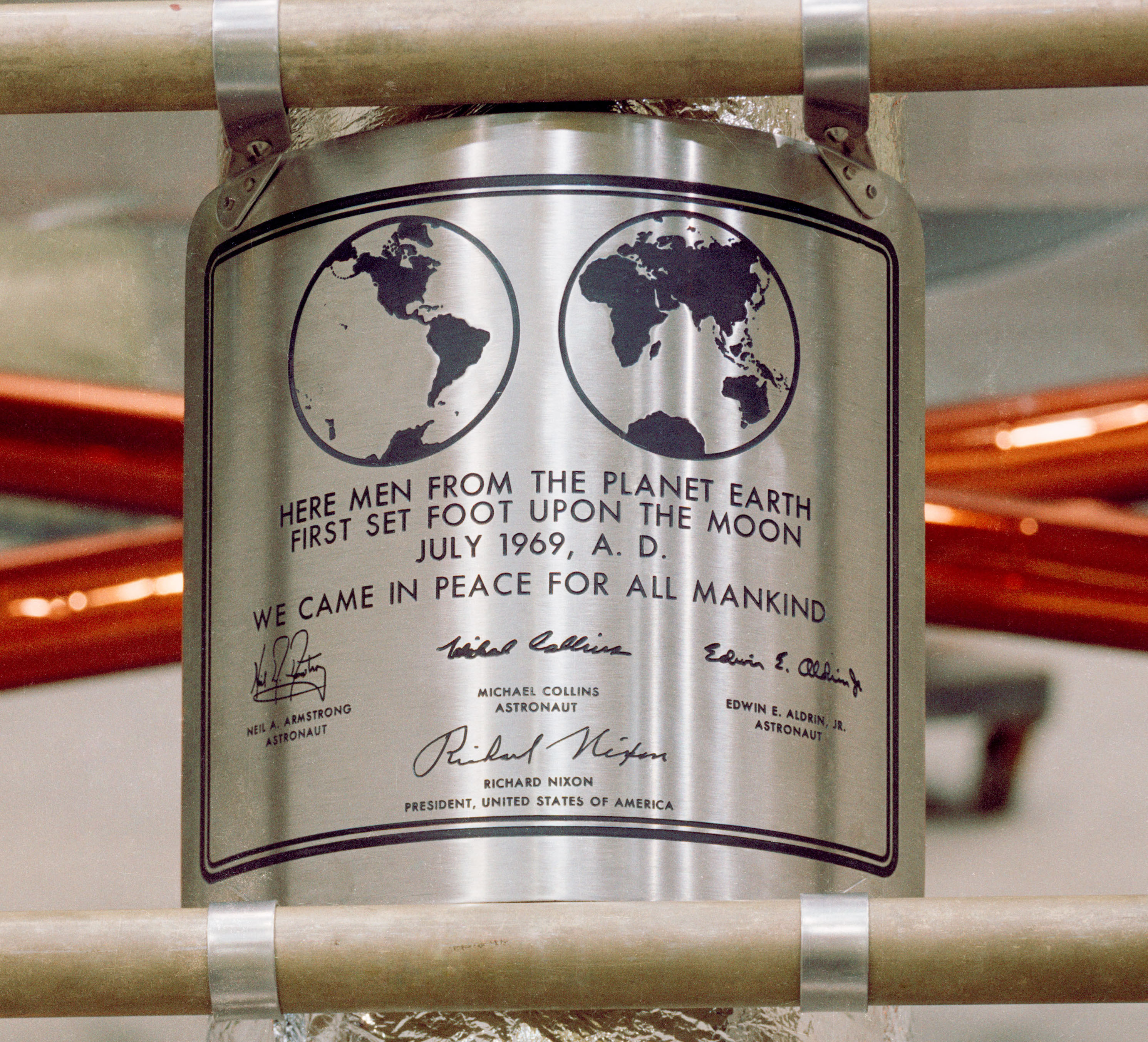 The Apollo 11 lunar plaque mounted on LM-5 