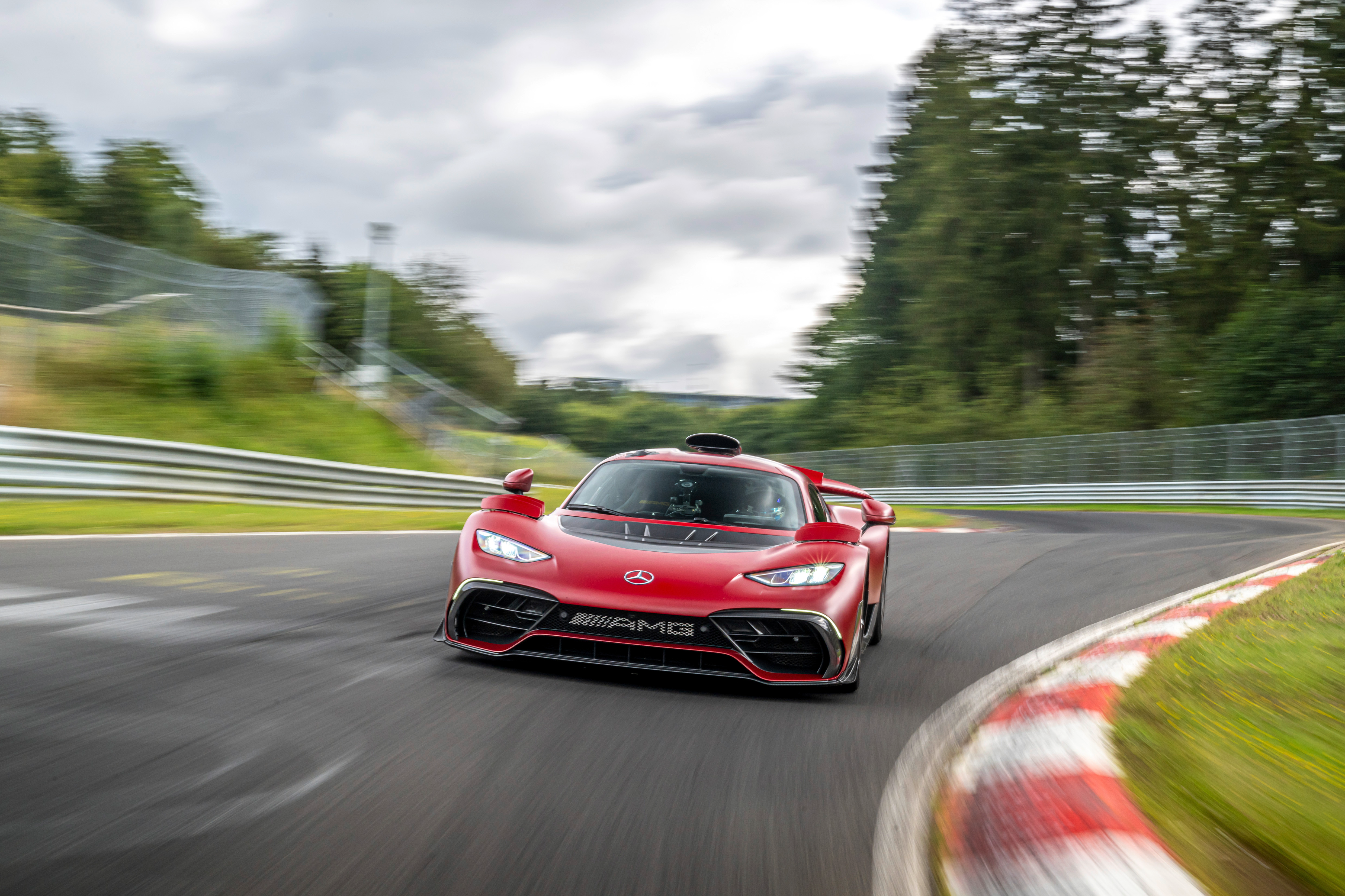 Front view of a red Mercedes-AMG One