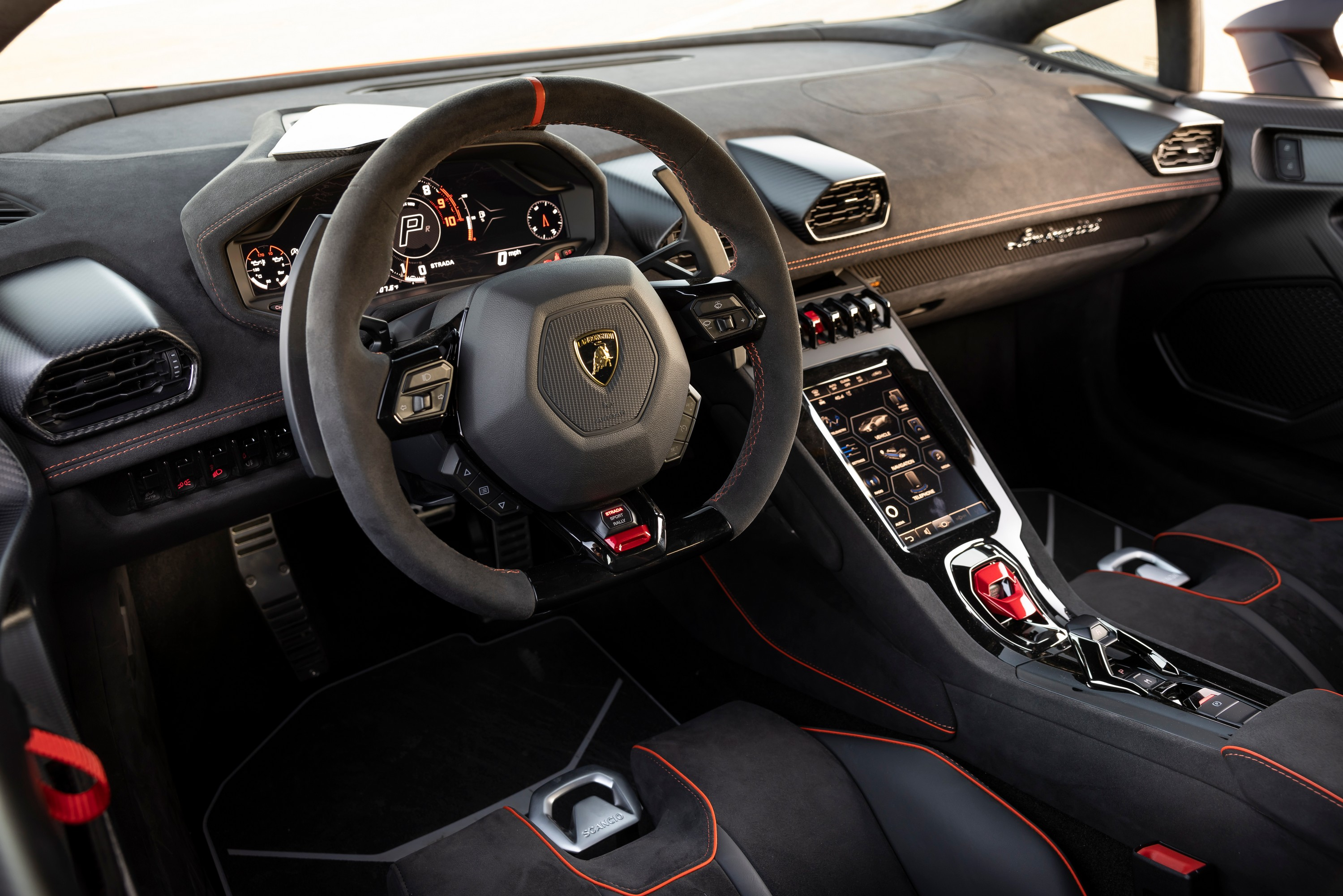 The black suede interior of the 2024 Lamborghini Huracan Sterrato