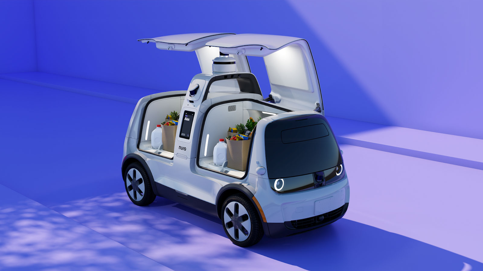 A render of the Nuro delivery robot with two cargo bays. 