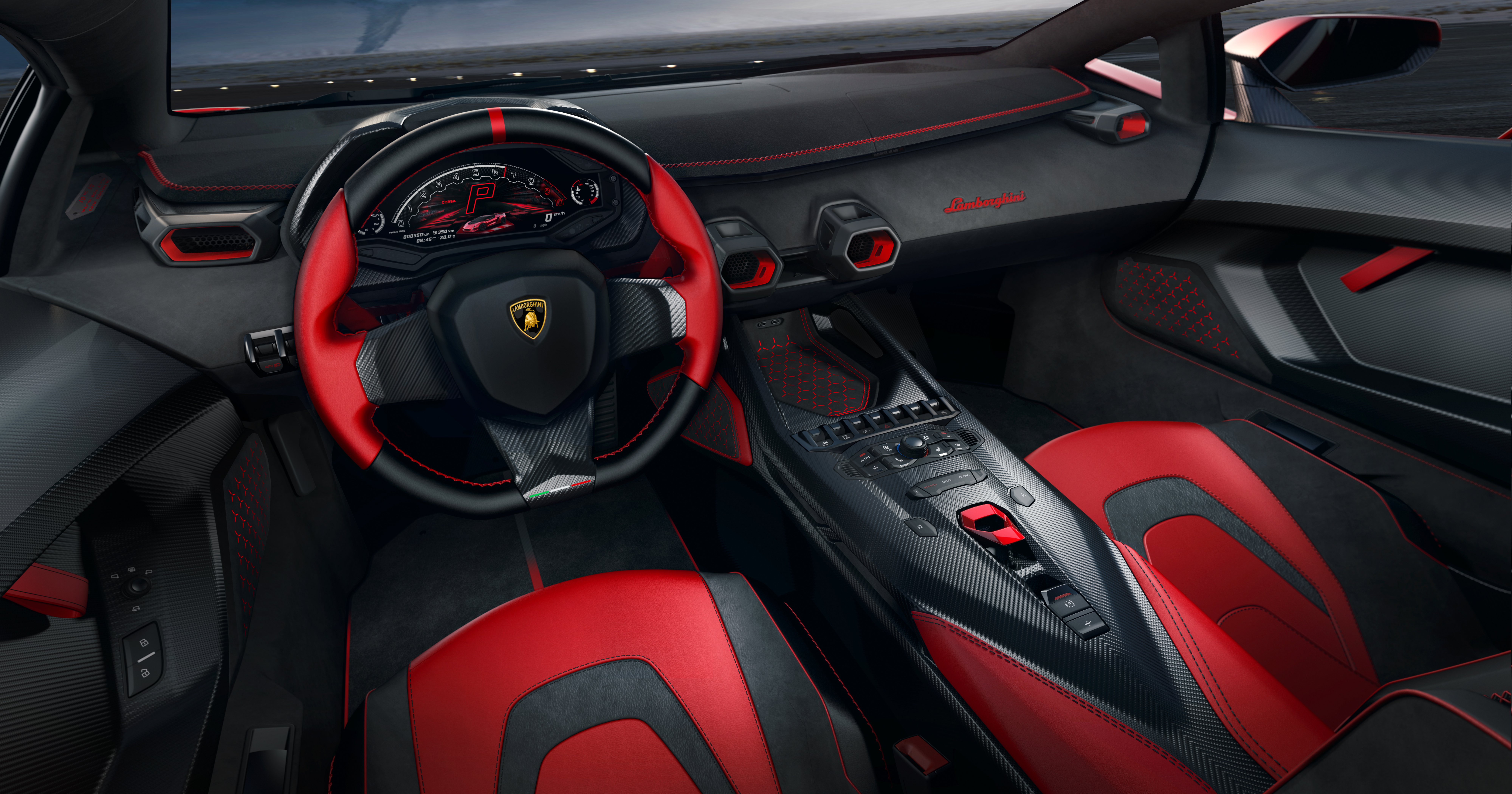 The red and black interior of the Lamborghini Invencible coupe.