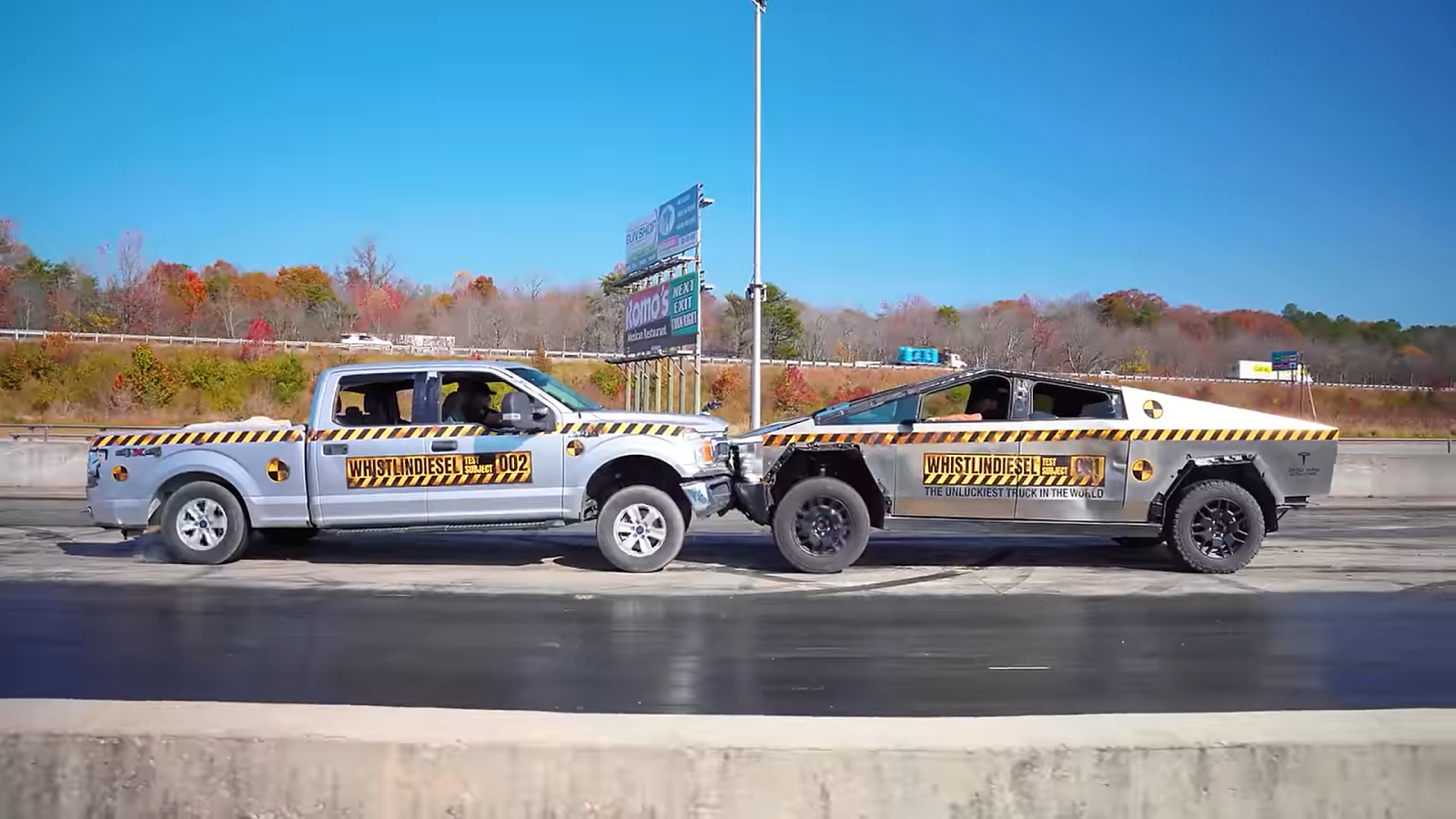 A screenshot showing a Cybertruck and Ford F-150 facing off. 