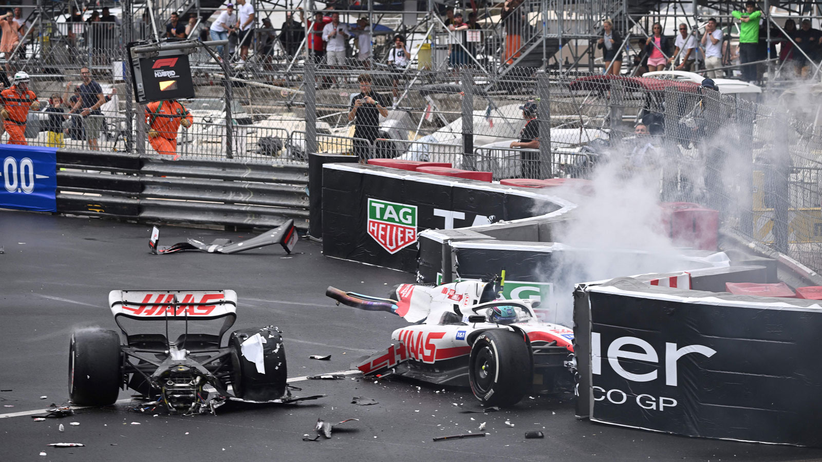 A photo of Mick Schumacher's crash at the Monaco Grand Prix. 