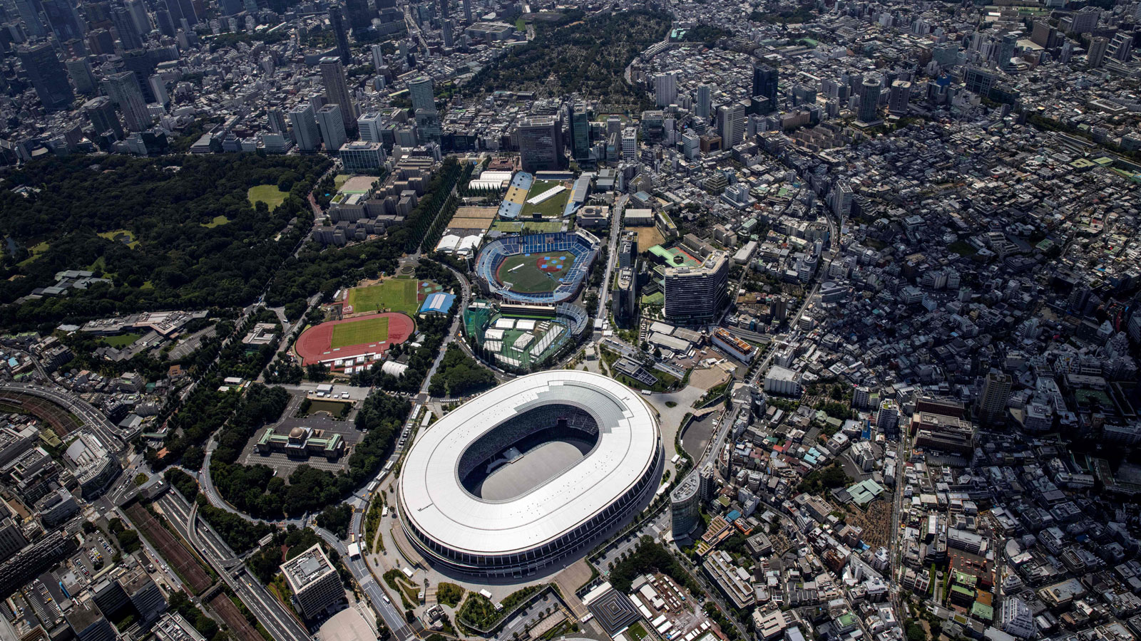 An aerial photo of the Tokyo Olympic Park in Japan. 