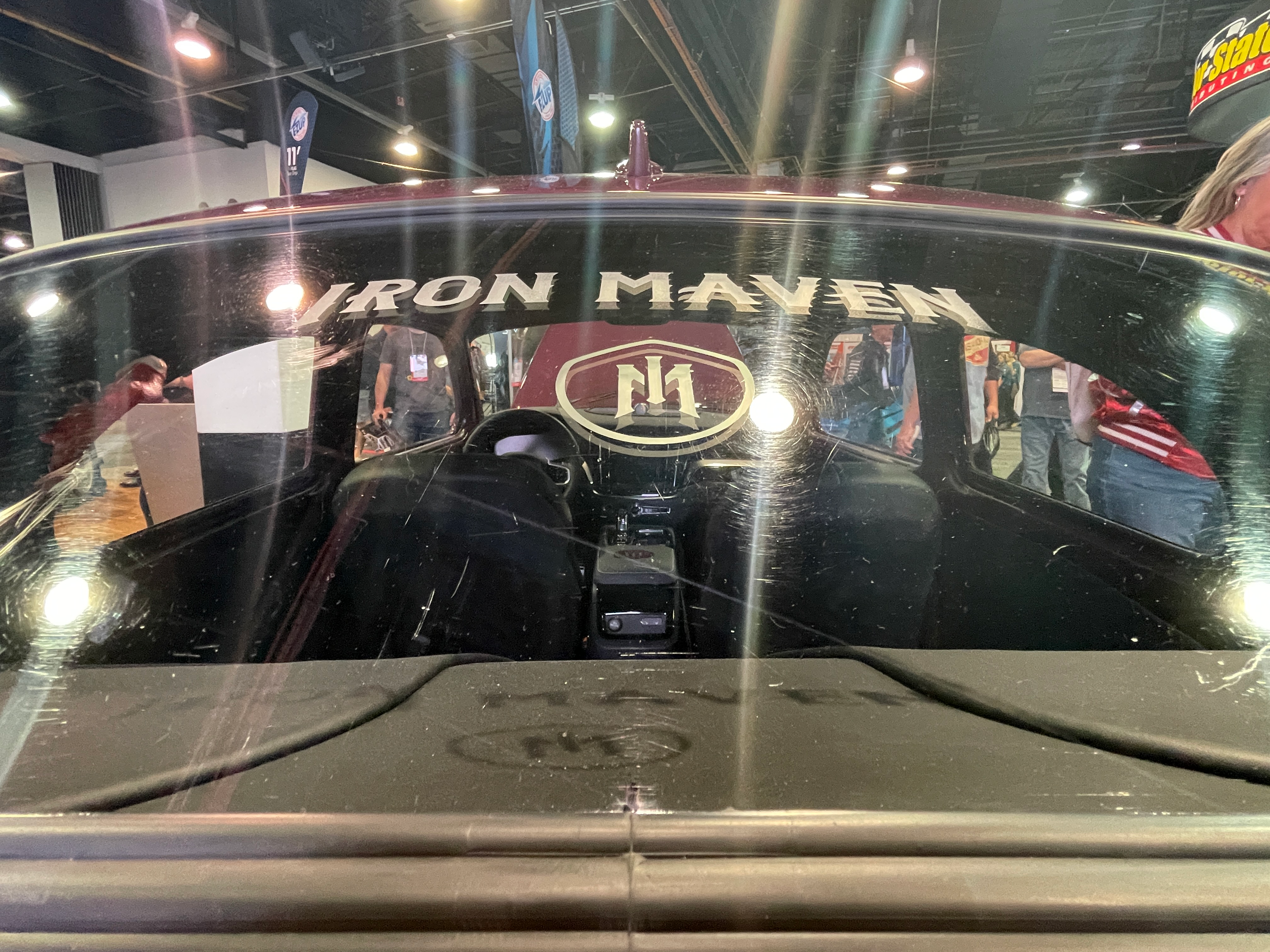 The rear window of the Iron Maven Volvo Project, reads 