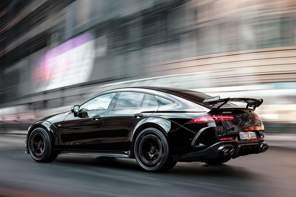 Rear 3/4 view of a black Brabus Rocket 1000