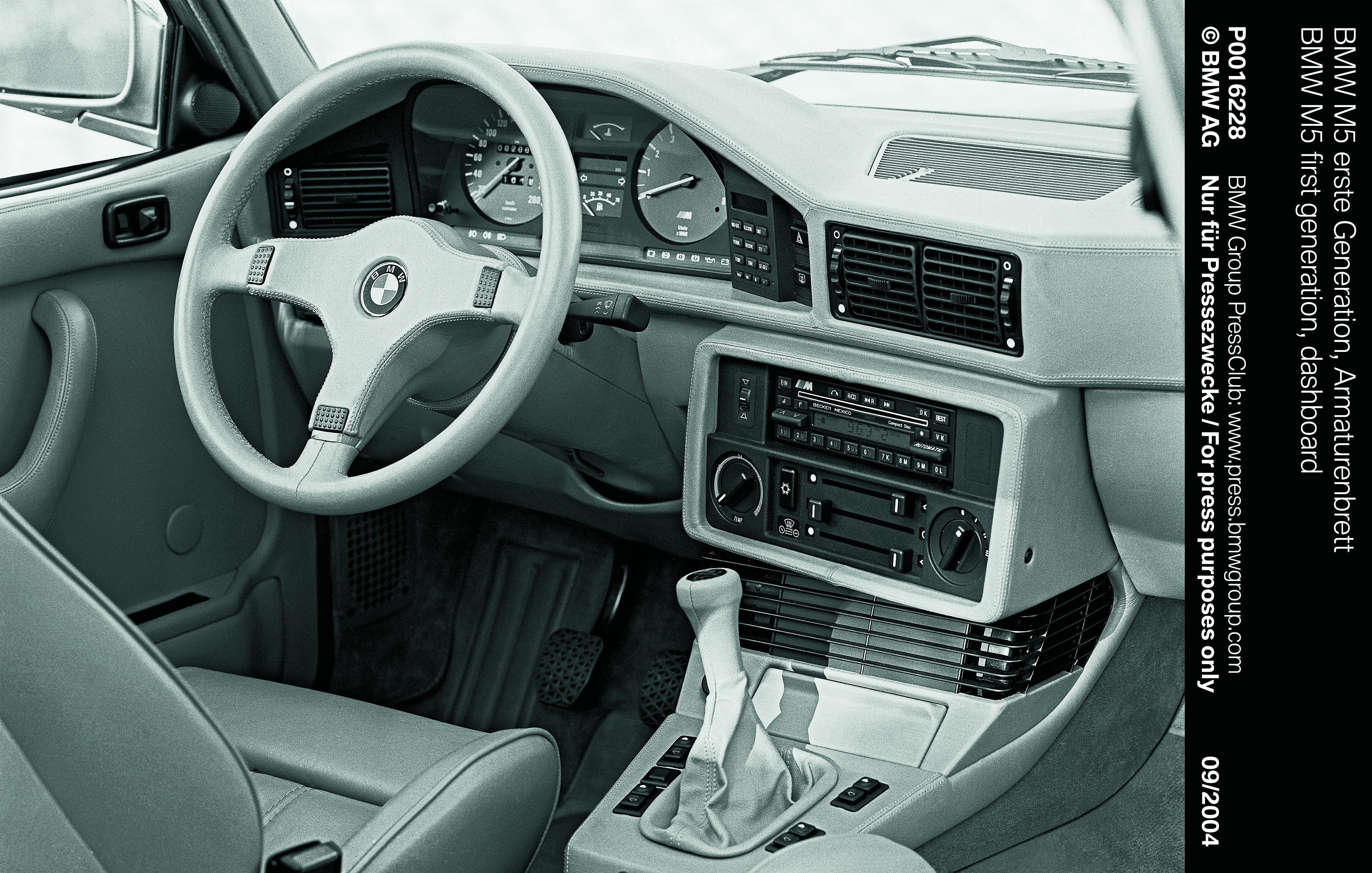 Black and white photo of BMW E28 M5 interior.