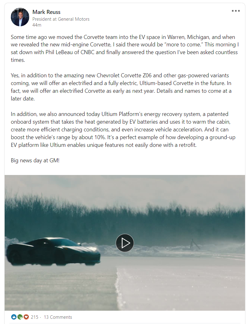 LinkedIn post from GM President Mark Reuss, reading: 