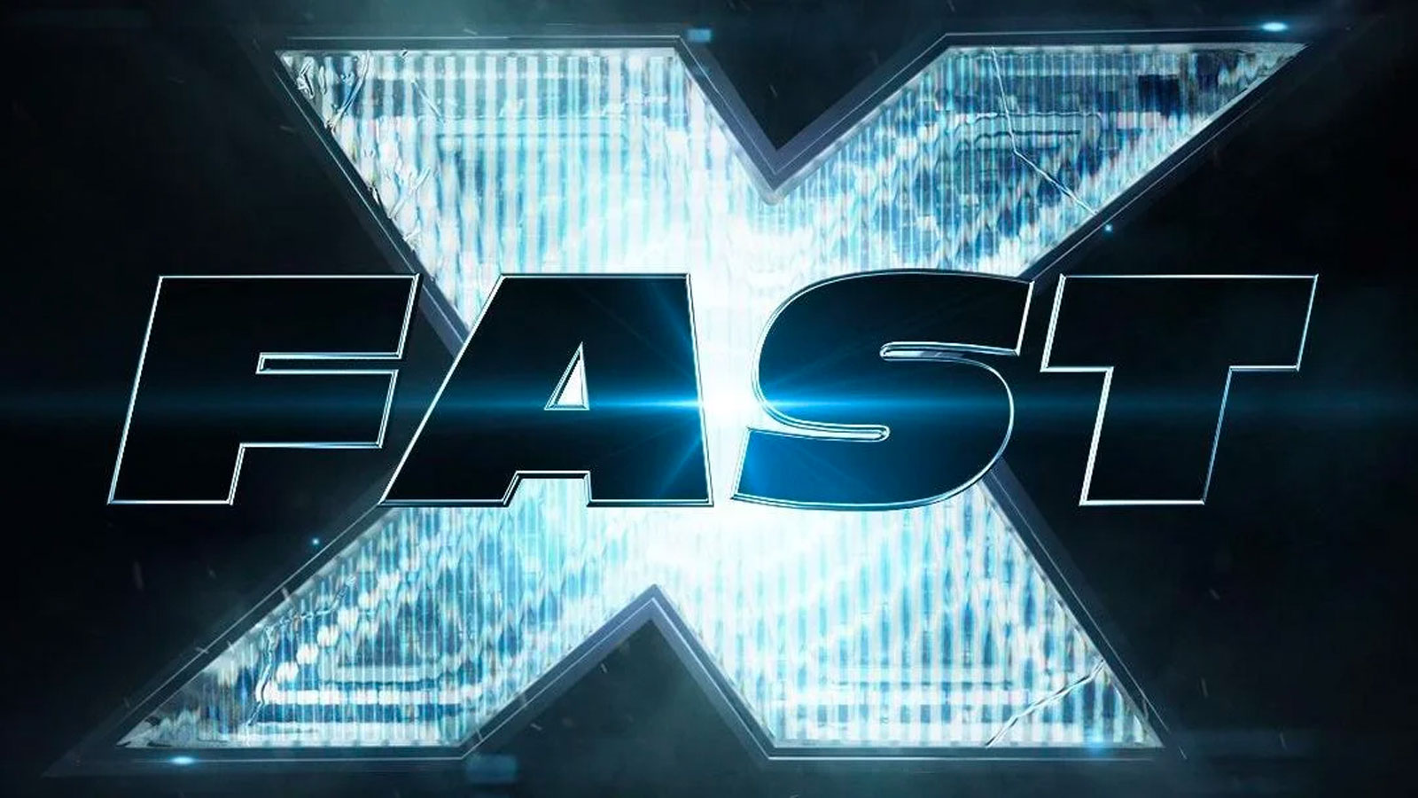 The flashy black and blue logo for the Fast X movie. 