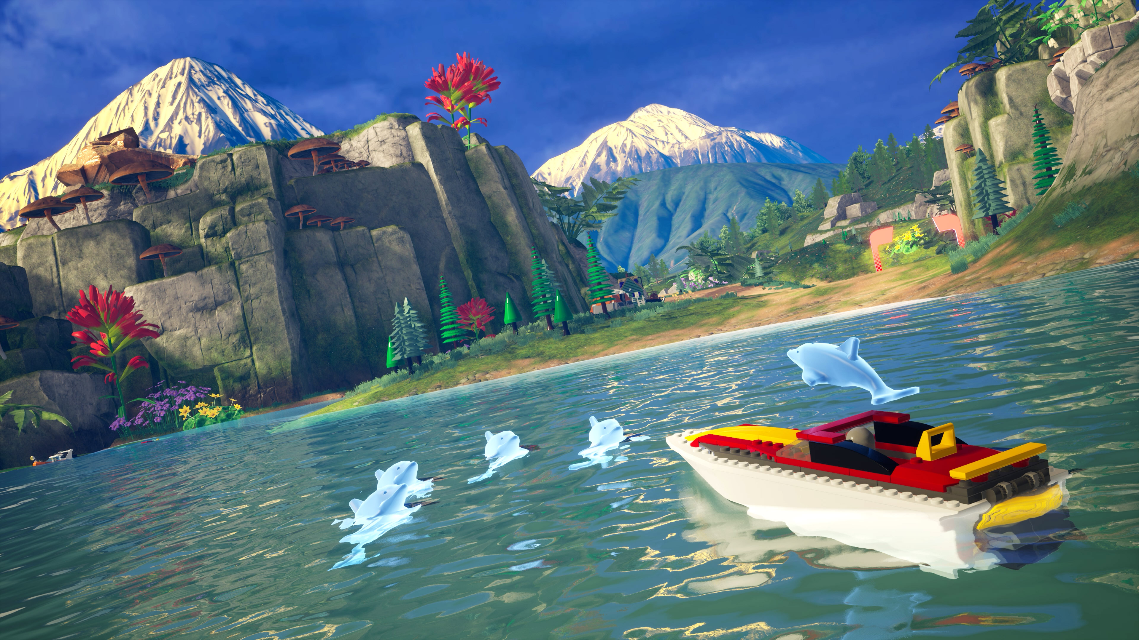 A boat on a lake in Lego 2K Drive.