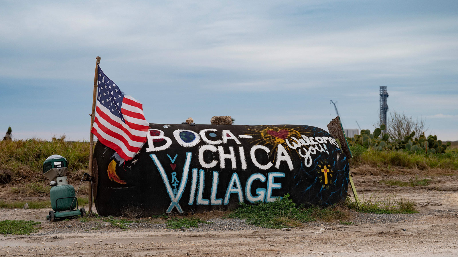 A sign welcomes you to Boca Chica near SpaceX's Starbase facility in South Texas