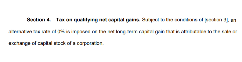 Screenshot of Montana S.B. 184, reading: Section 4. Tax on qualifying net capital gains. Subject to the conditions of [section 3], an alternative tax rate of 0% is imposed on the net long-term capital gain that is attributable to the sale or exchange of capital stock of a corporation