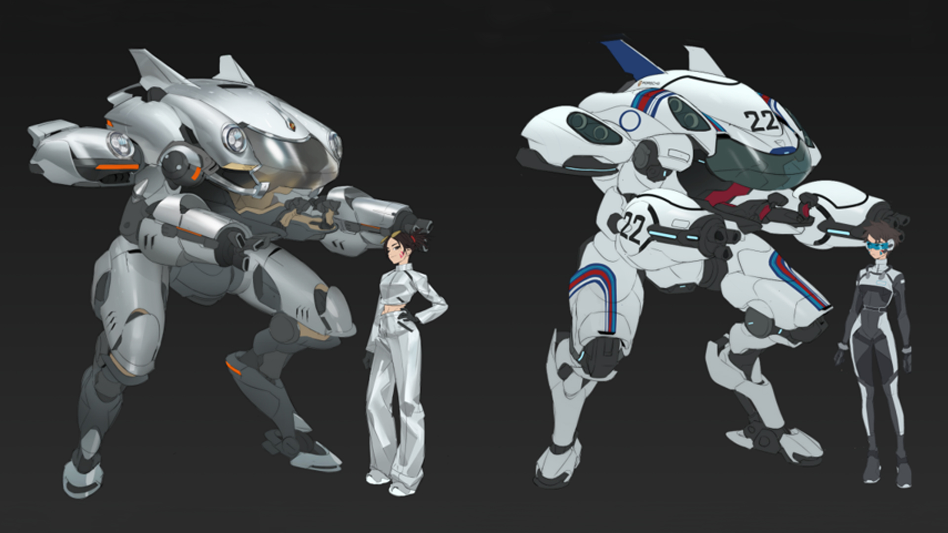 Illustration of Porsche skin ideas for D.Va's mech in Overwatch 2