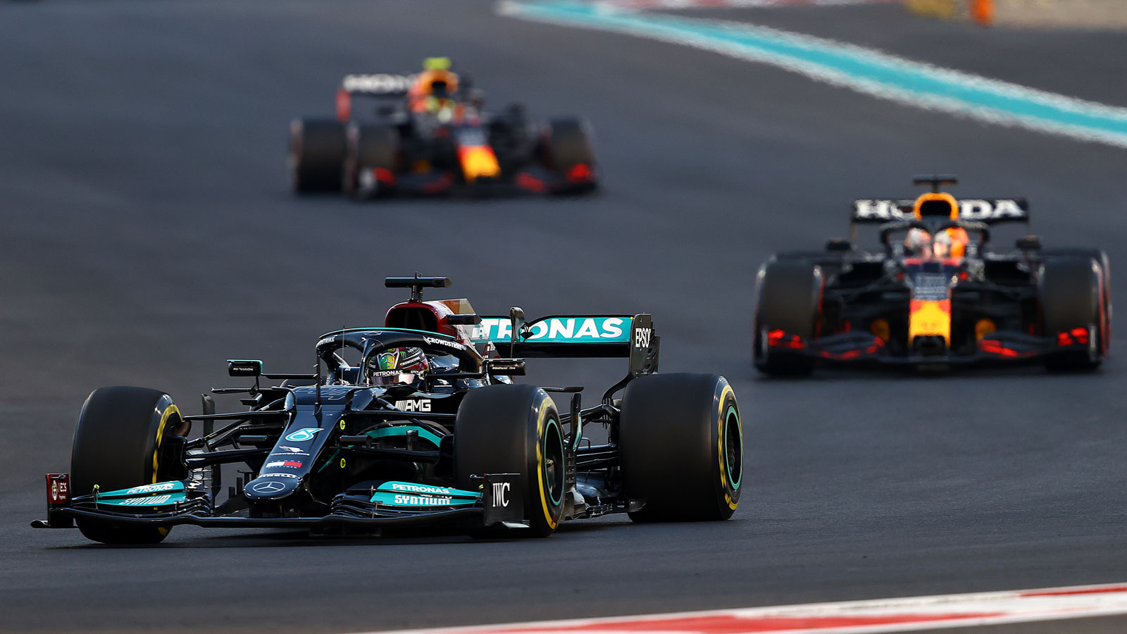 Lewis Hamilton leads Max Verstappen at the Ab Dhabi Grand Prix 