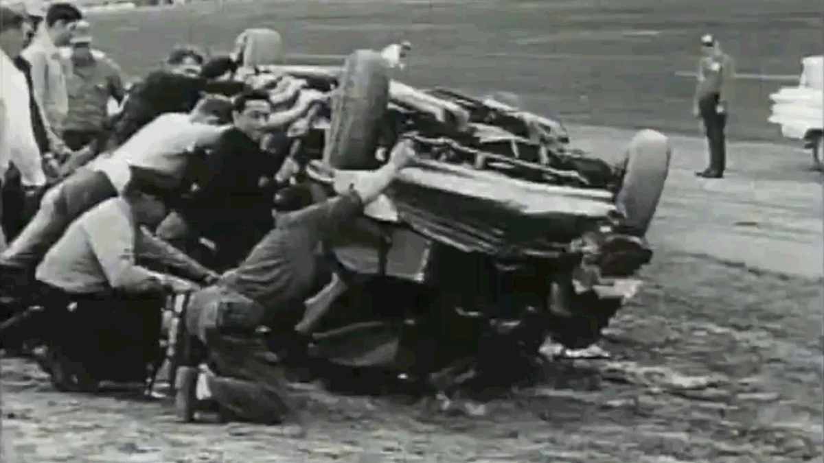 Footage of wreckage being cleared after the record-breaking Daytona crash in 1960