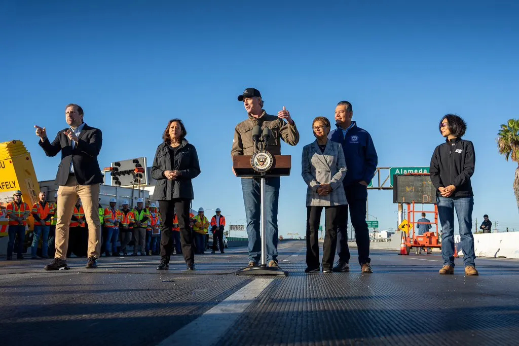 California Governor Gavin Newsom, Los Angeles Mayor Karen Bass and Vice President Kamala Harris address a crowd as they announce the reopening of the 10 Freeway in Downtown Los Angeles.