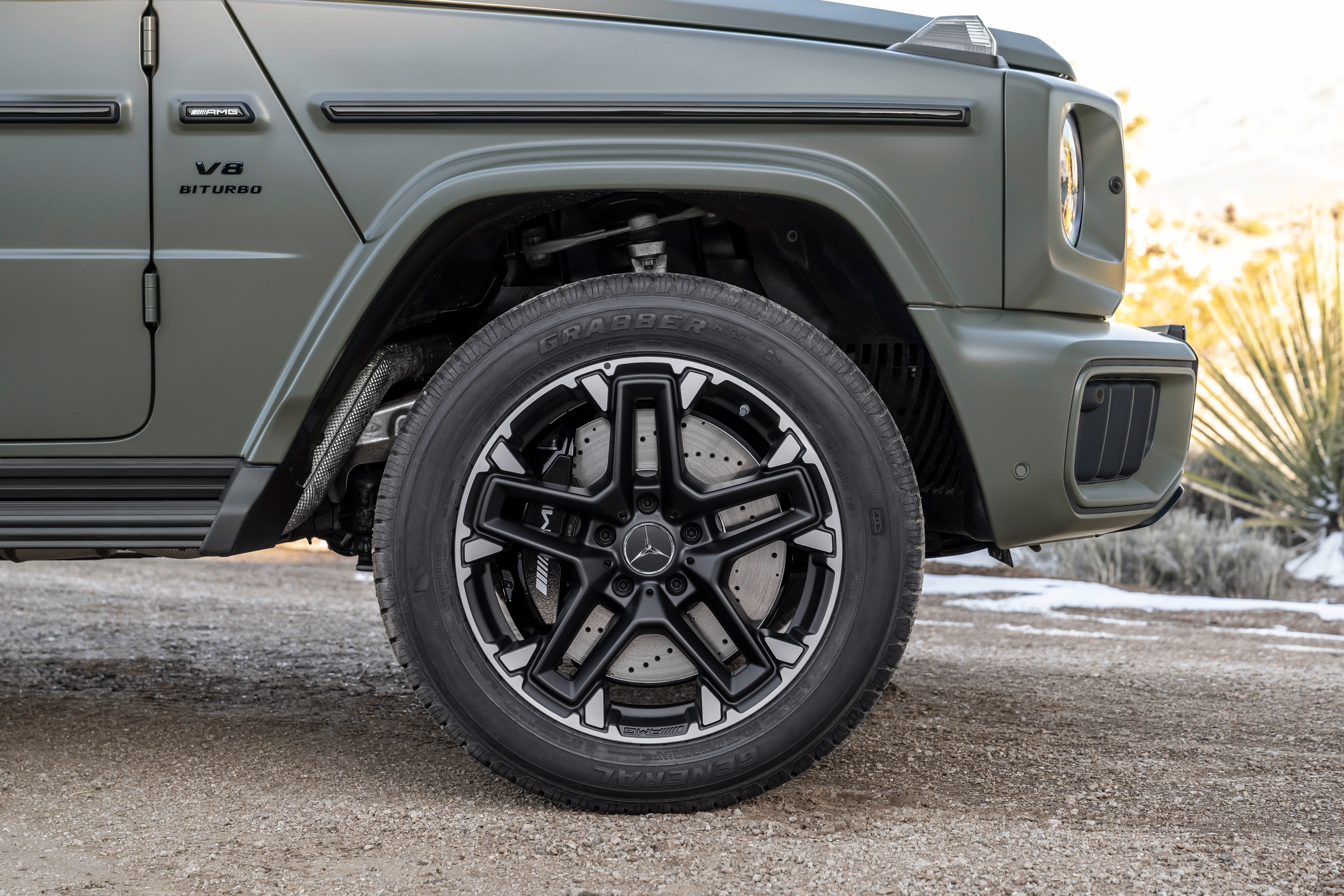 Wheel detail of a Dark Olive Green Magno 2025 Mercedes-AMG G63