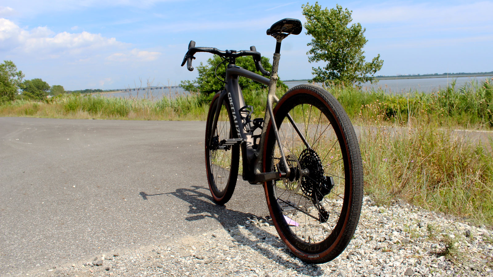 A photo of the mud splashed up the rear of a Specialized e-bike. 