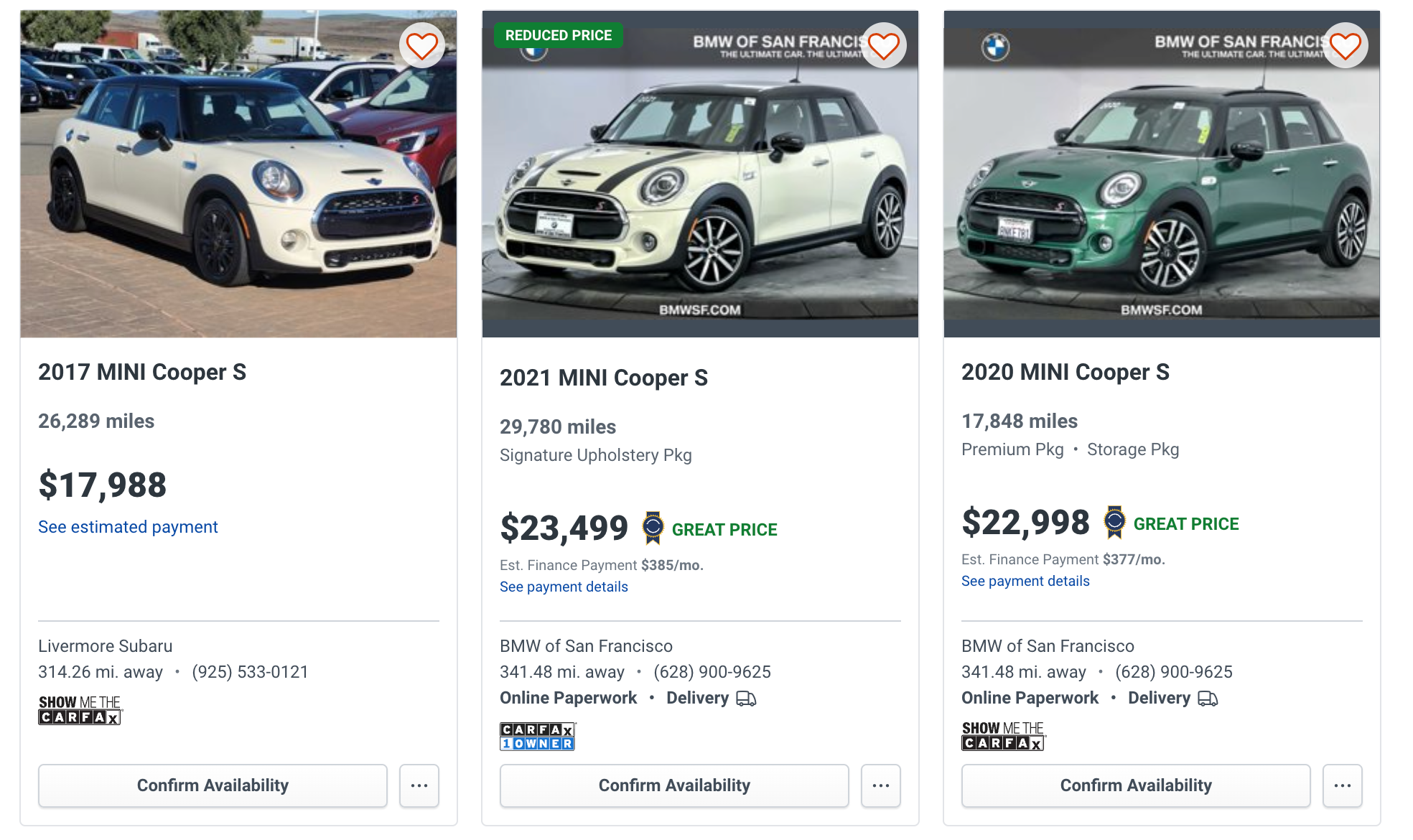 A screenshot from AutoTrader.com showing how affordable low mileage Mini Cooper S' are