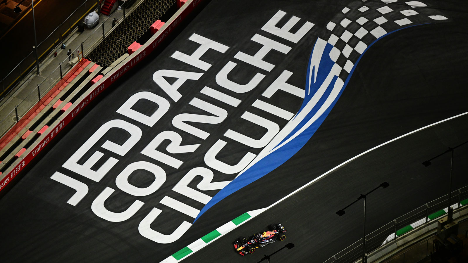 A photo of the Jeddah Corniche logo on the circuit in Saudi Arabia. 