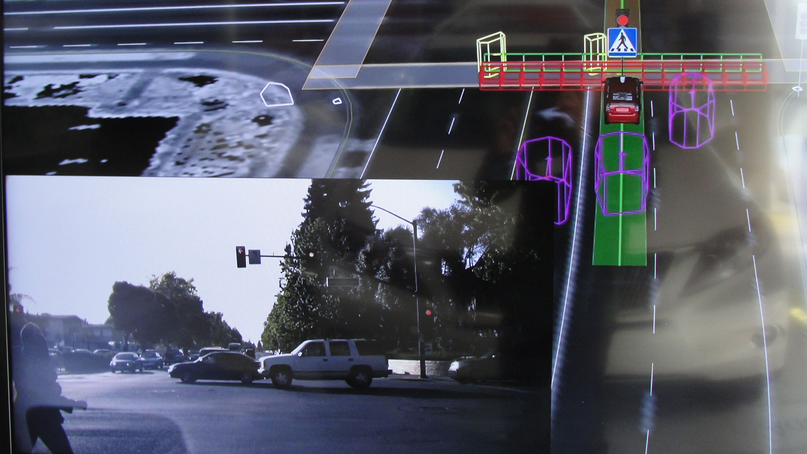 A photo of how a computer perceives objects on the road. 