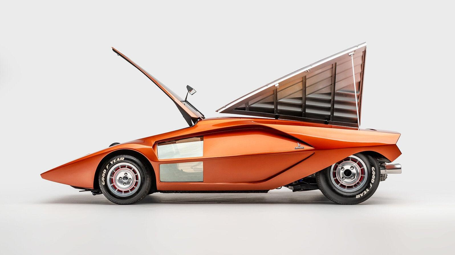 Side view of the orange Lancia Stratos Zero concept