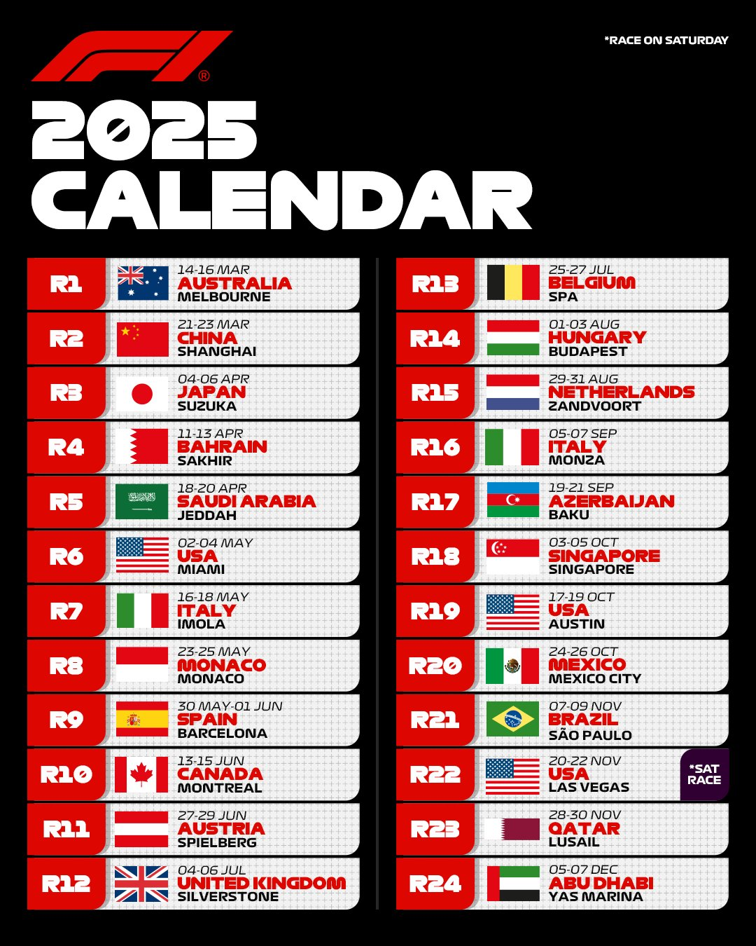 2025 Formula One calendar