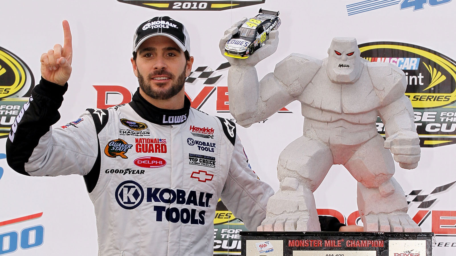 A photo of Jimmie Johnson on the NASCAR podium. 