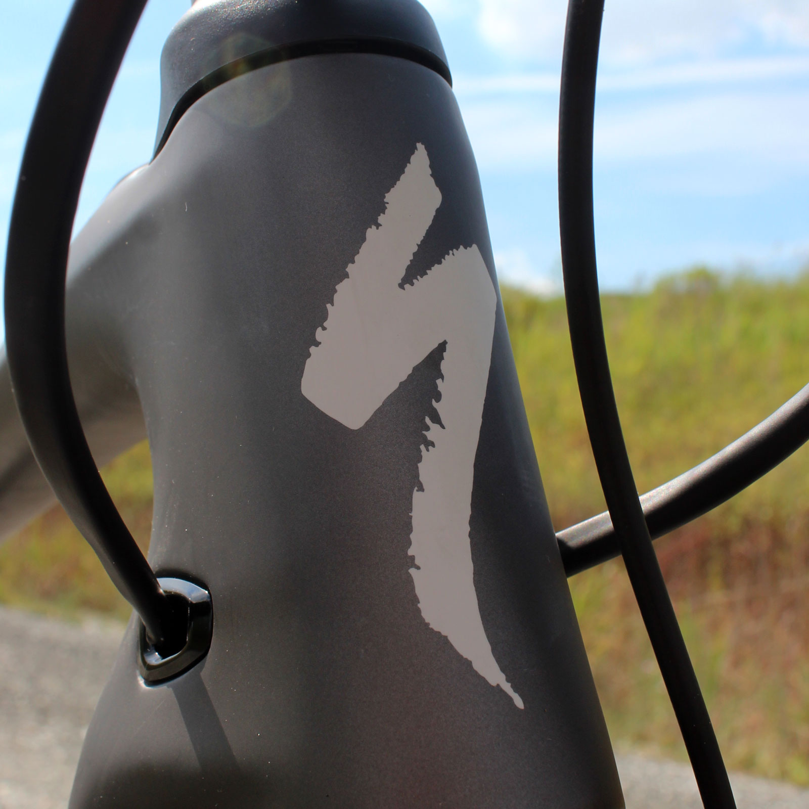 A photo of a Specialized logo on the front of a bike. 