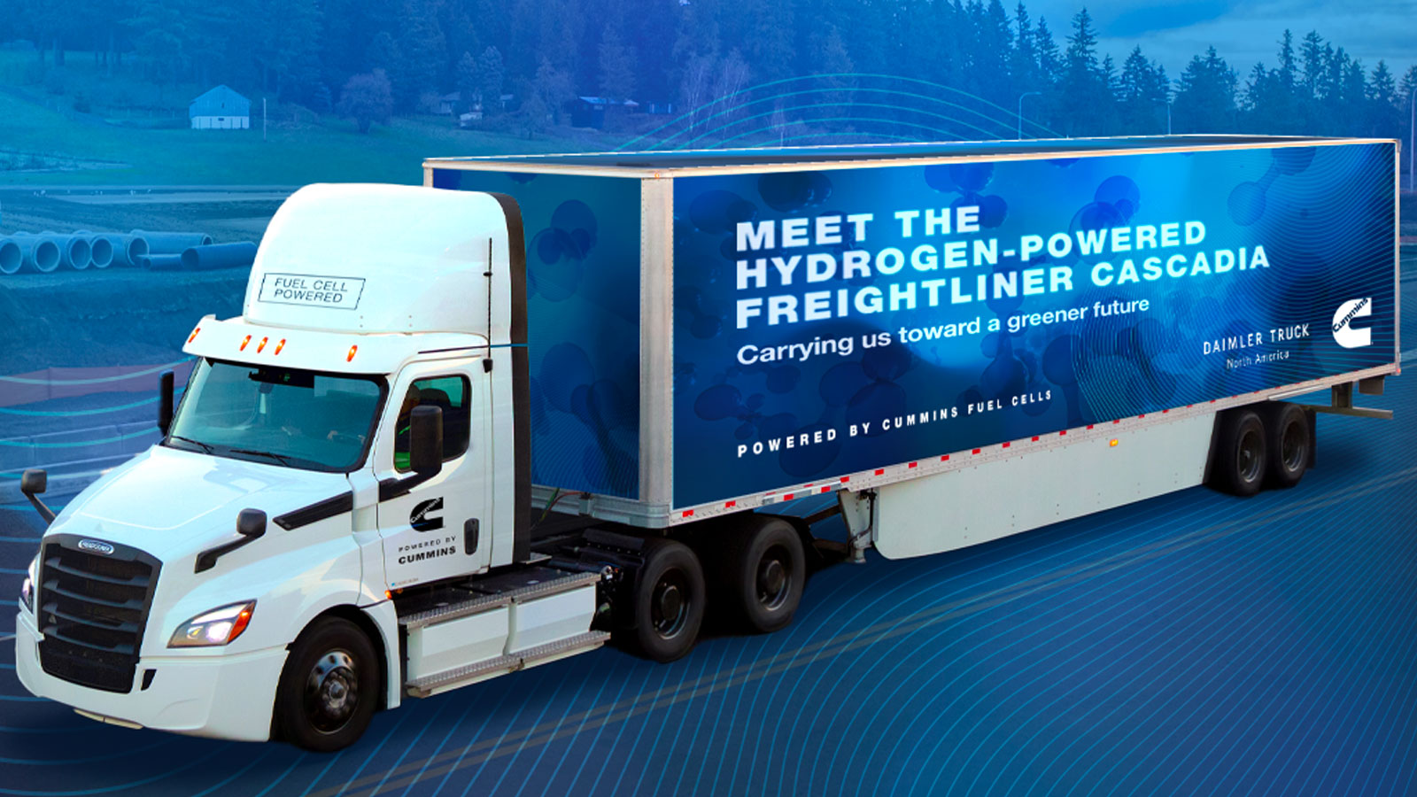 A render of a hydrogen-powered tractor trailer. 