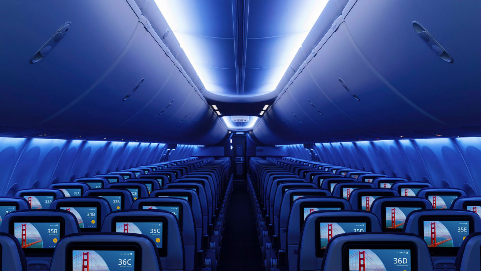 A photo of the interior of a United Airlines plane. 