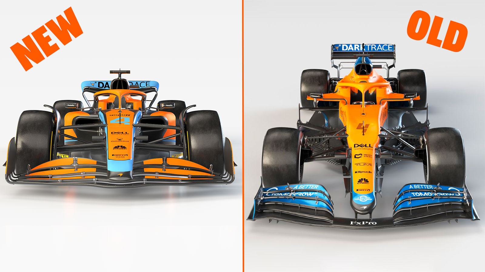 The 2022 McLaren F1 car side by side with the 2021 car. 