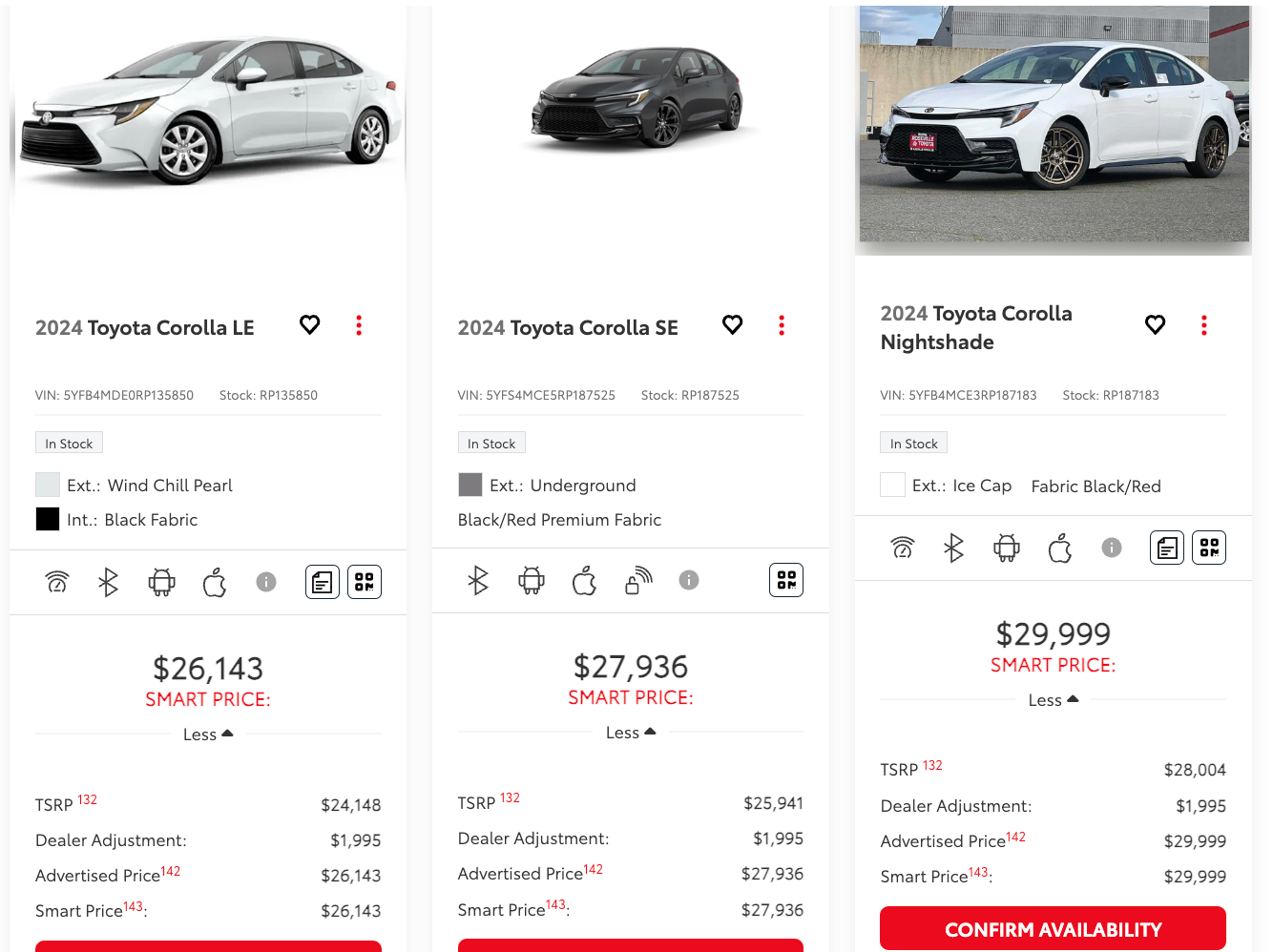 A Screenshot from Roseville Toyota's website showing its cheapest Corolla listed at $26,143