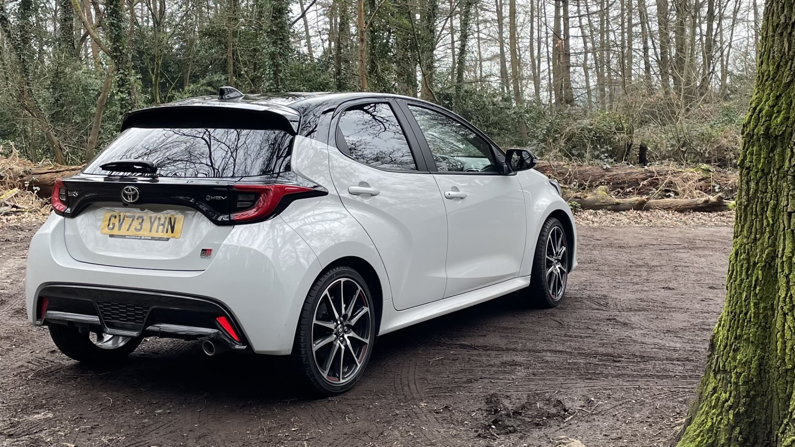 A photo of a white Toyota Yaris GR Sport. 