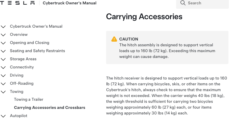 A screenshot of the Cybertruck owner's manual showing the hitch assembly warning