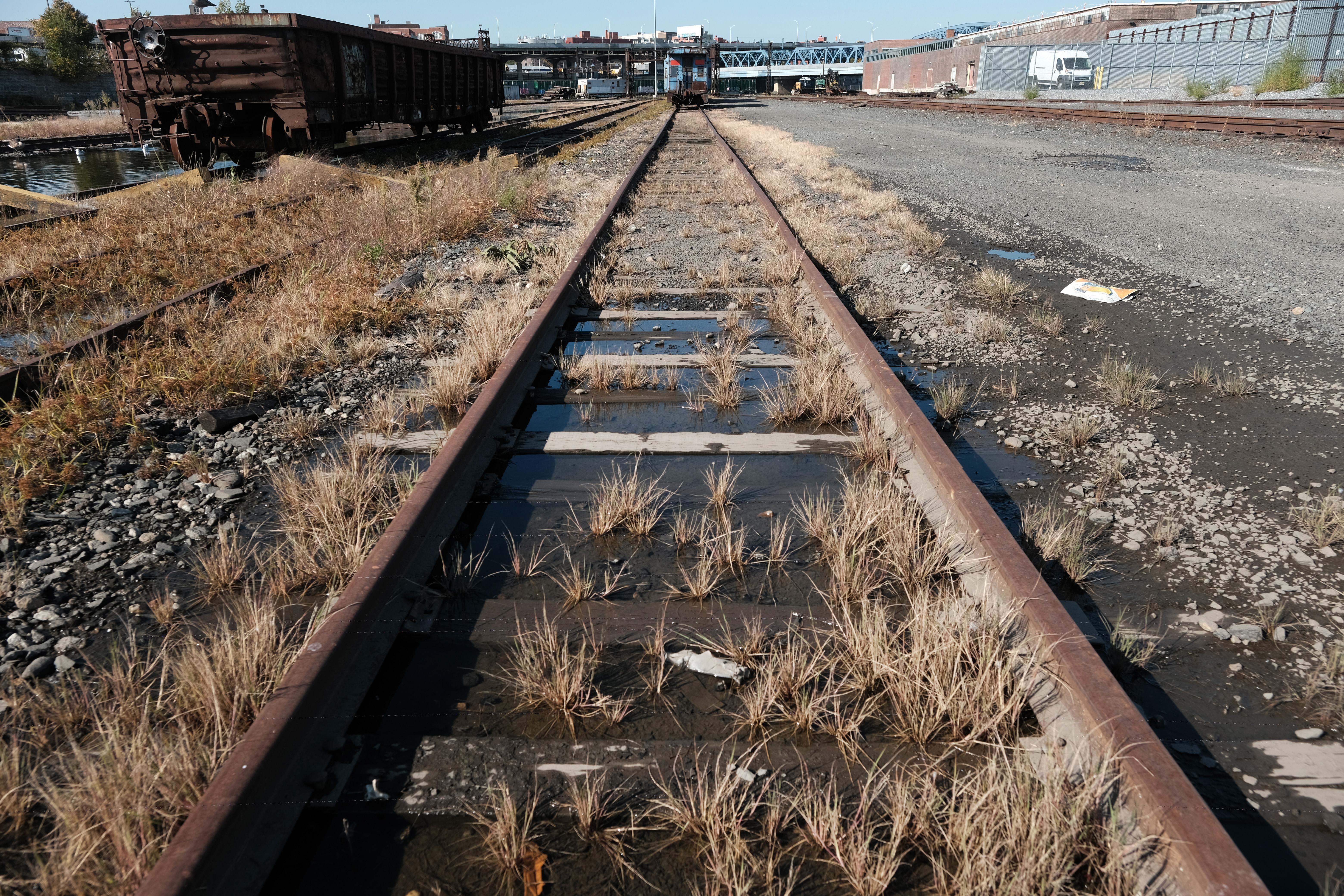 Empty railroad tracks stand at the CSX Oak Point Yard, a freight railroad yard on October 11, 2022 in the Bronx borough of New York City. 