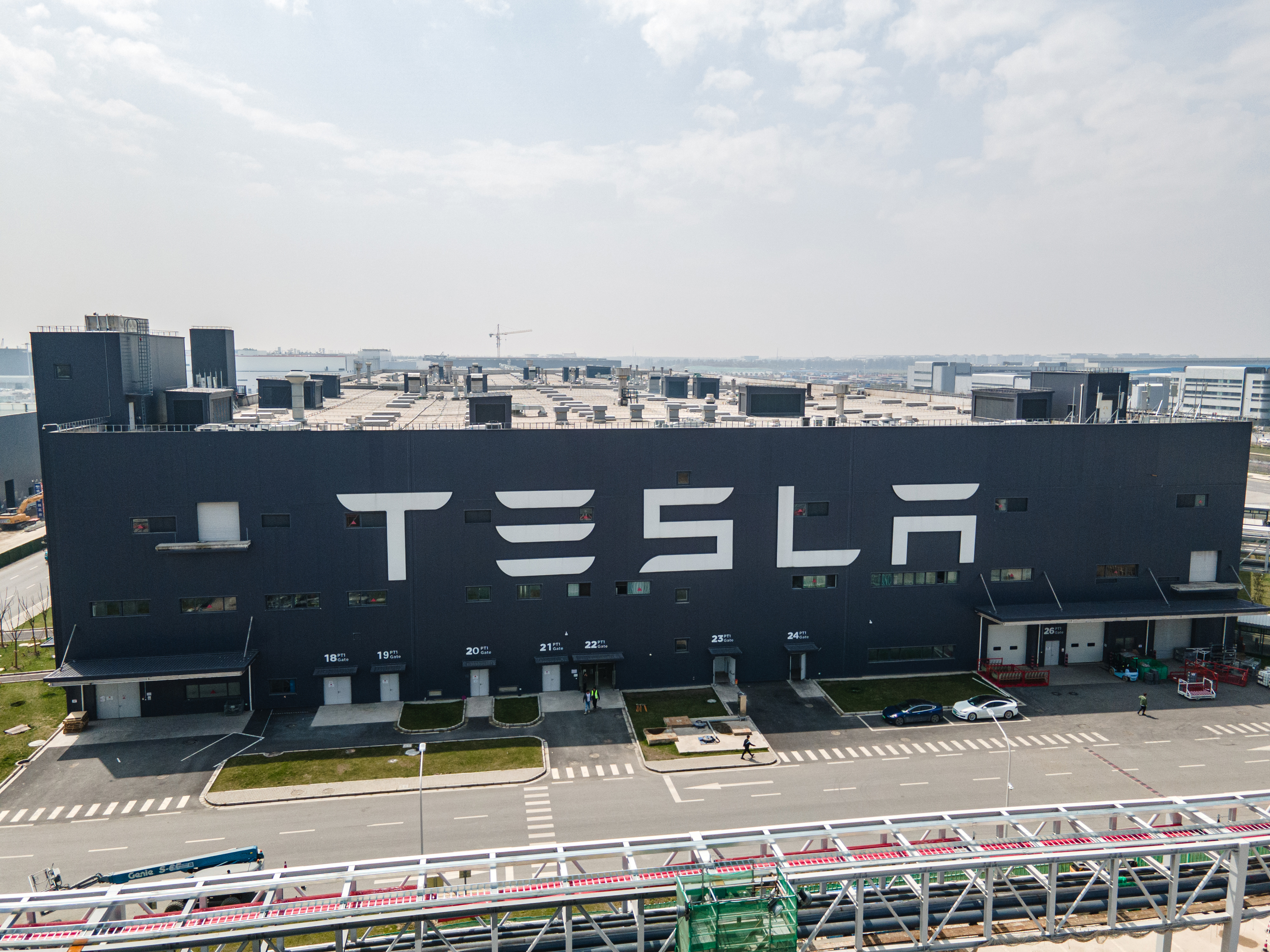 An aerial view of Tesla Shanghai Gigafactory on March 29, 2021 in Shanghai, China.