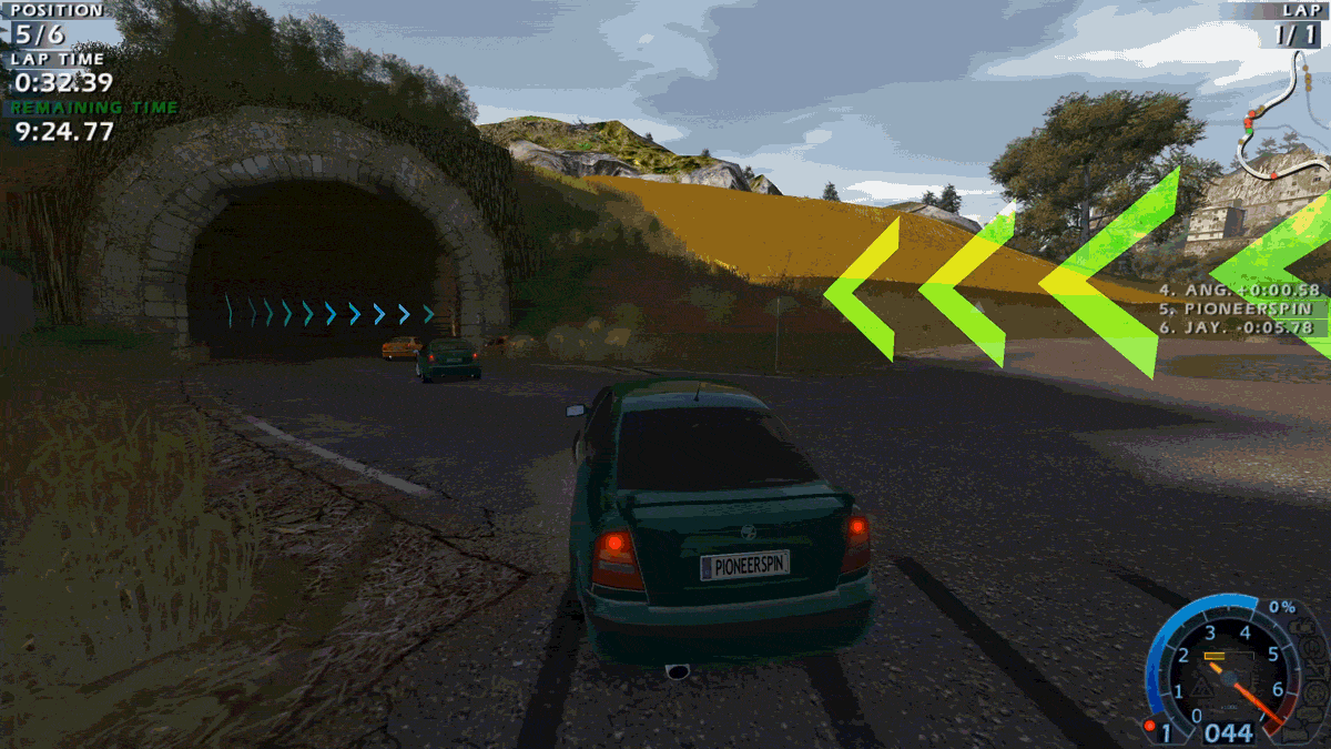 GIF of computer-controlled cars crashing into traffic inside a tunnel in World Racing 2: Champion Edition.