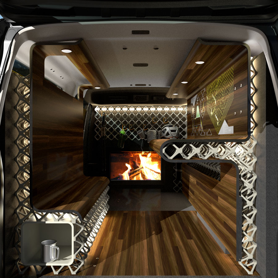 A CGI render of the inside of Nissan;'s Mountain Base camper. 