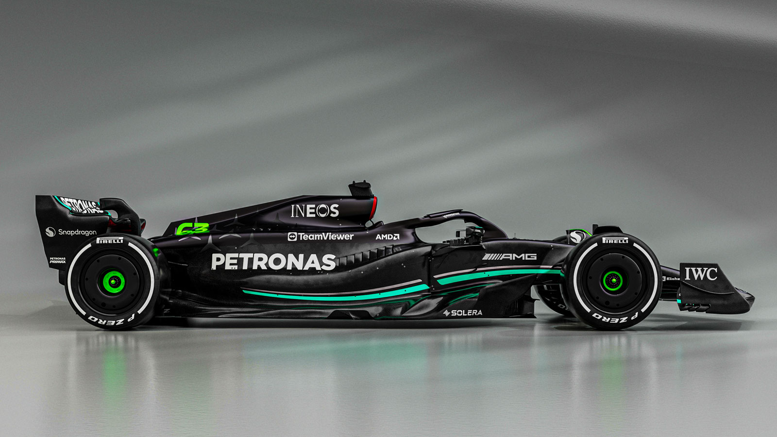 A render of the side view of the 2023 Mercedes Formula 1 car. 