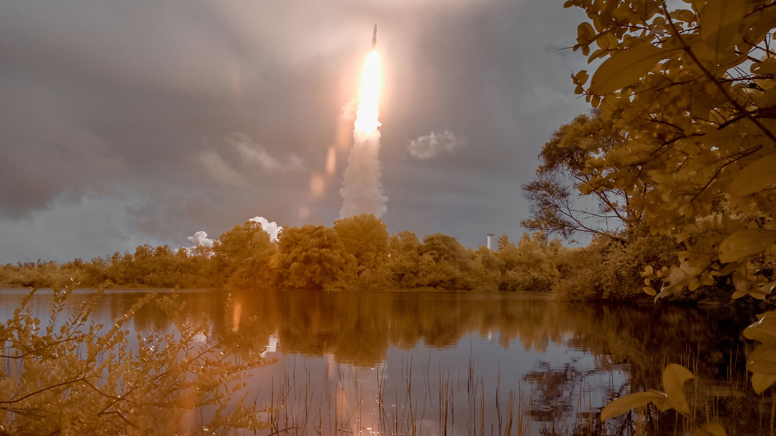 A photo of the James Webb Space Telescope launching into space. 