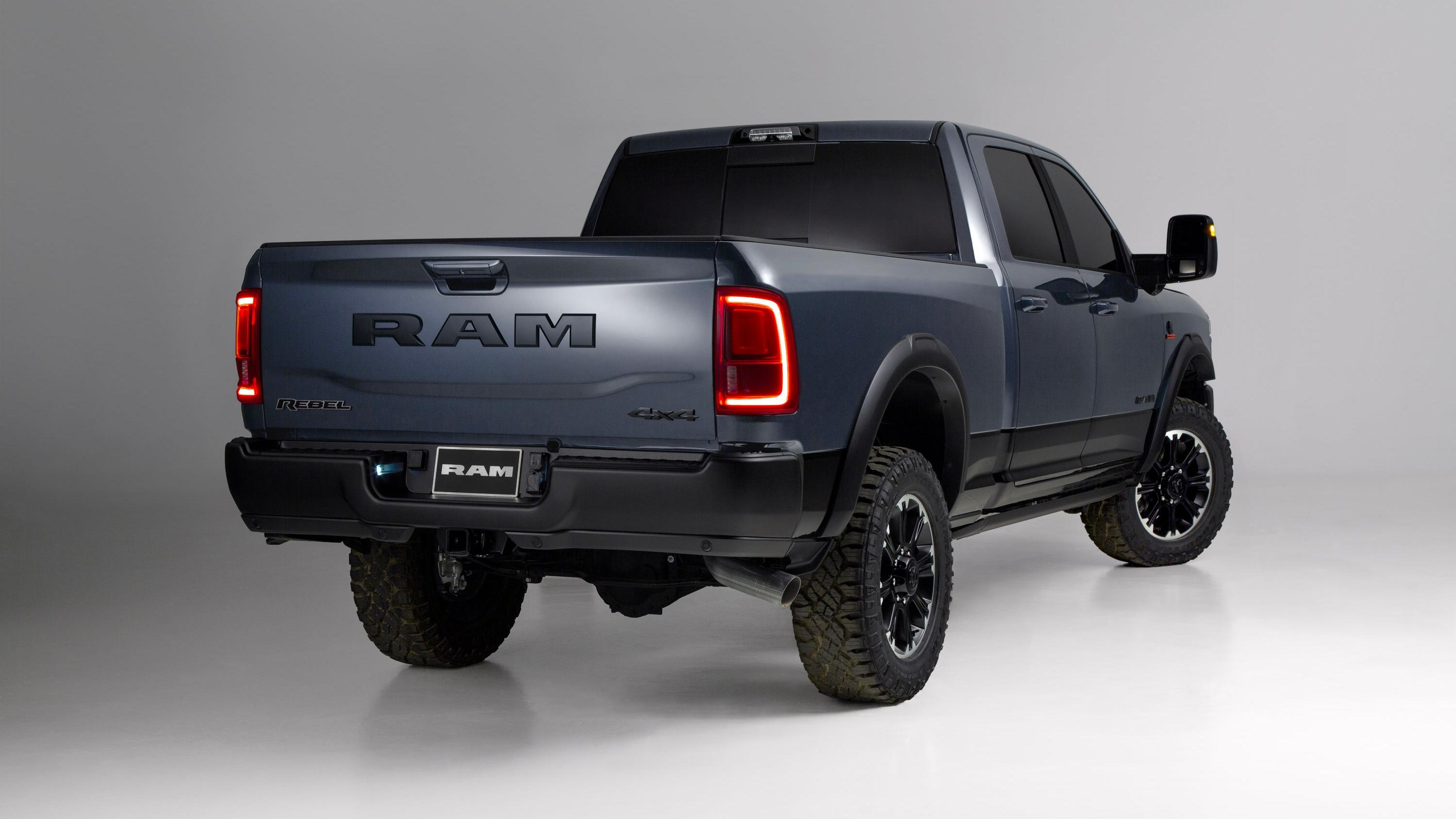 a dark gray ram Rebel HD from the rear