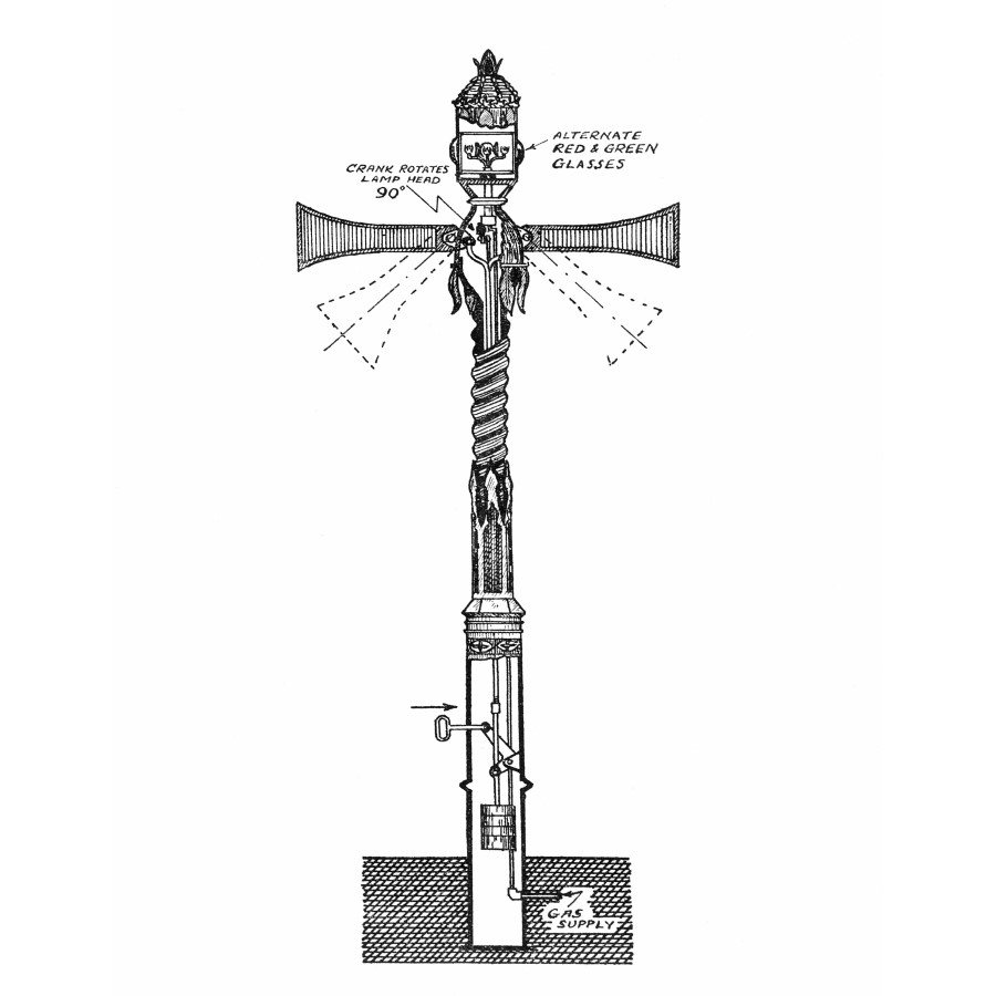 A drawing of the first traffic lights in the world. 